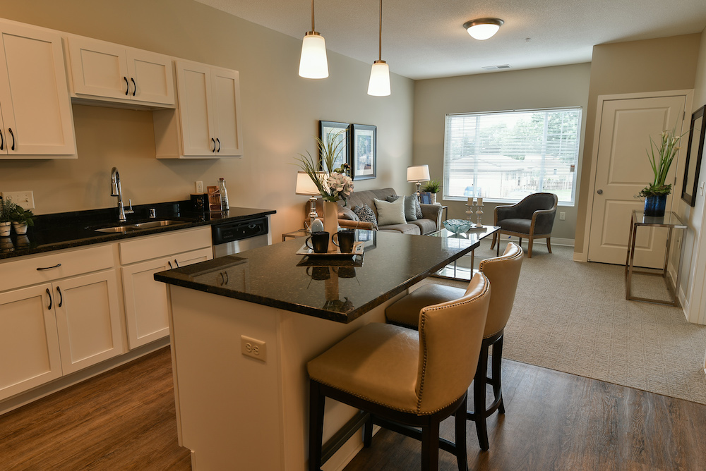 Modern kitchen with granite countertops and cozy living room in an open-concept apartment.