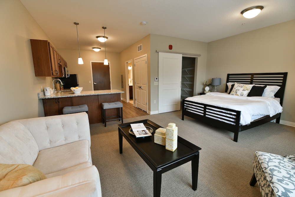 Modern studio apartment with open plan living, bed area, kitchenette, and cozy furnishings